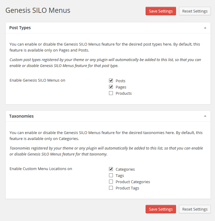 Genesis SILO Menus Settings