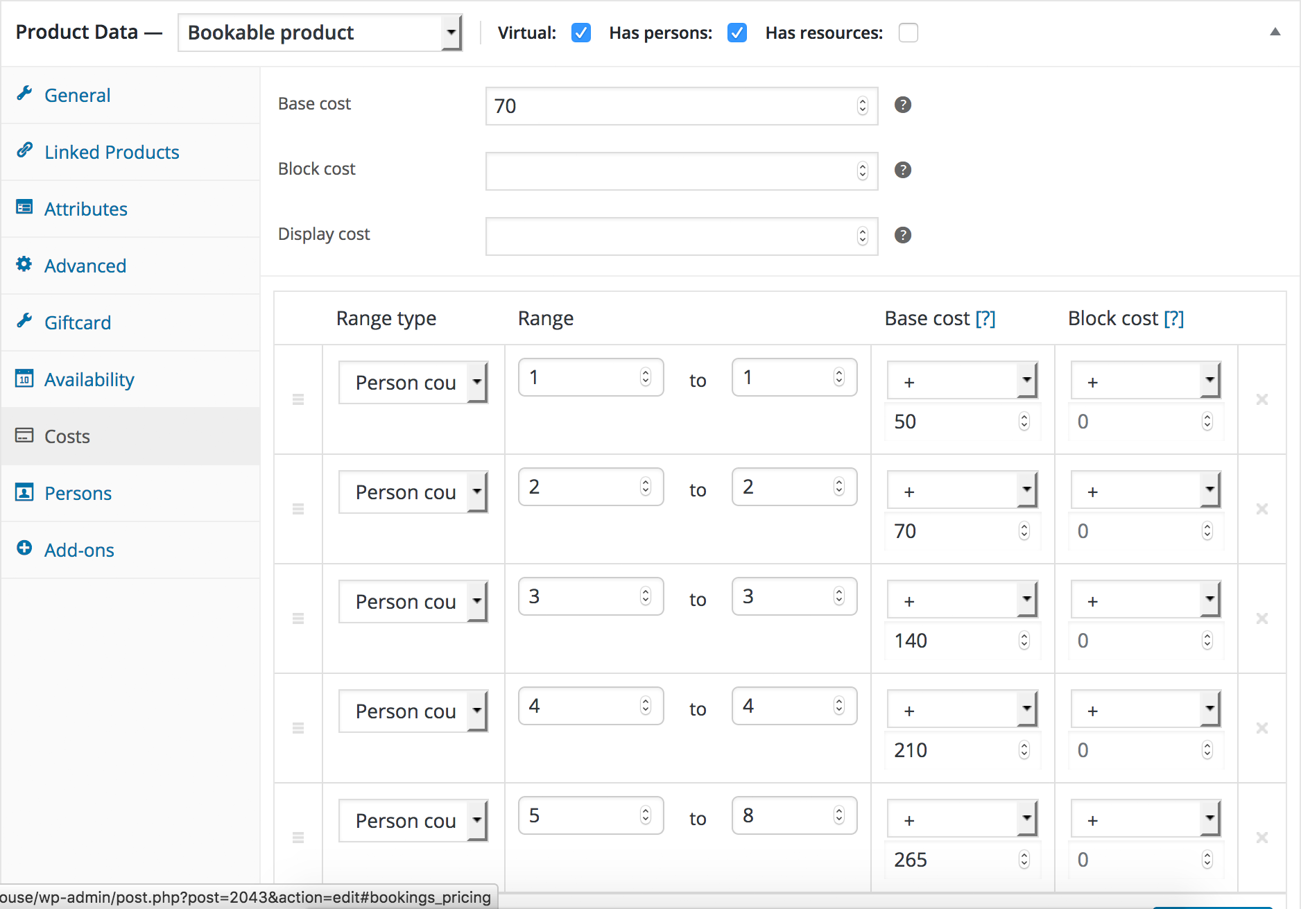 Costs of the WooCommerce Booking Packages