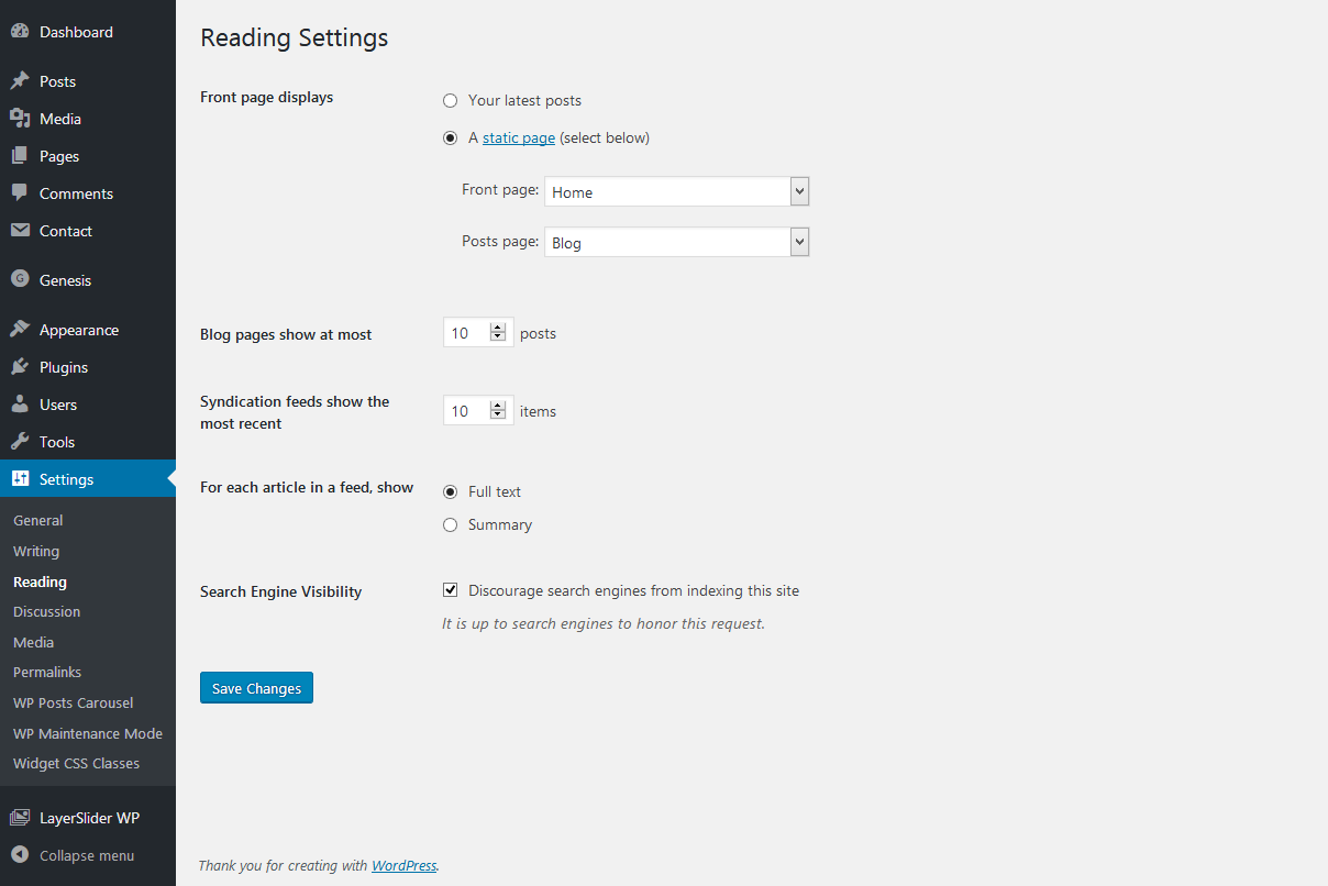 wordpress reading settings