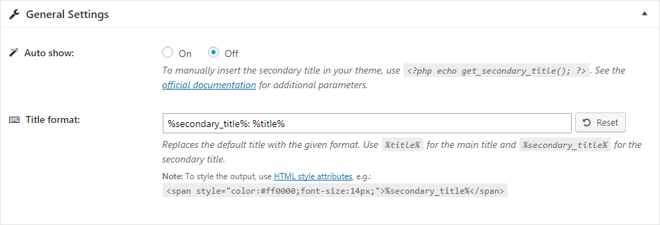 General Settings — Secondary Title