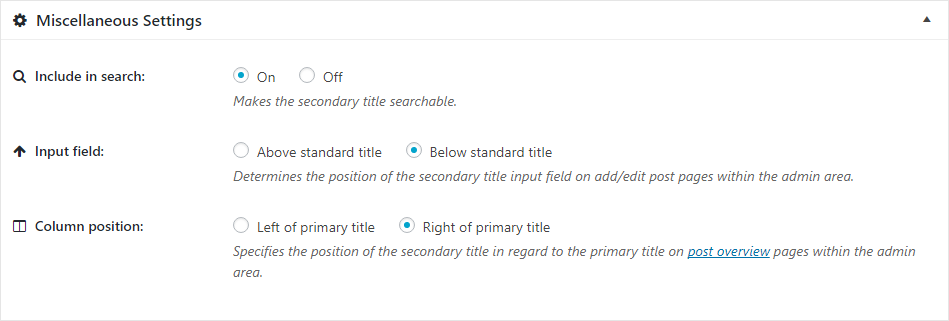 Miscellaneous Settings — Secondary Title