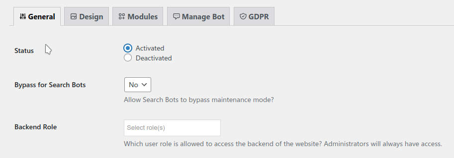 Wordpress maintenance mode plugin settings